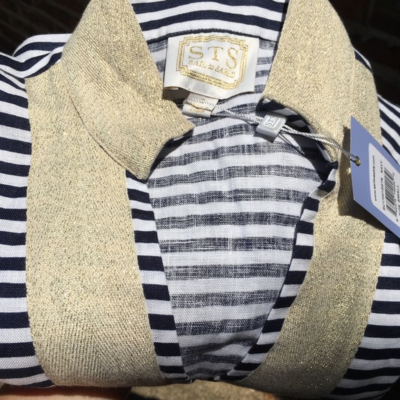 Sail To Sable Gold Navy White Linen Tunic Dress - Picture 5 of 6